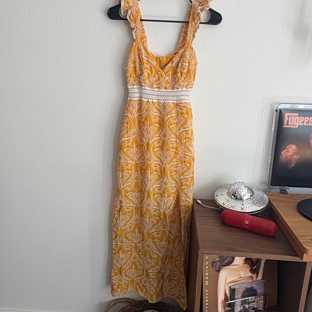 ELA‎ Mustard Yellow Eyelet Embroidered Maxi Dress Ruffle Strap Cutout Size 6